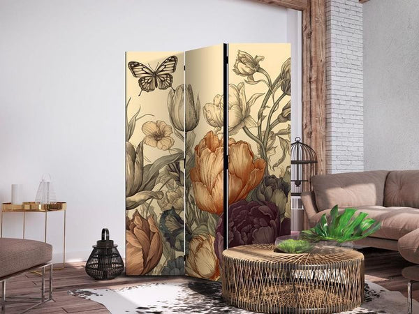 Paravento - Tulips in Cream - Illustration of Flowers and Butterflies on a Light Background