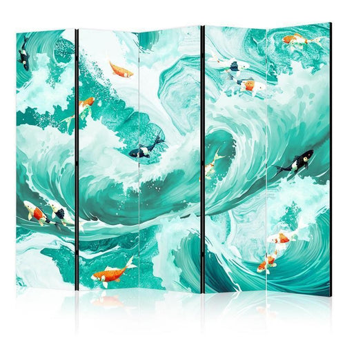 Paravento - Koi Fish Among Waves - Japanese Fish Amid Waves in Shades of Turquoise And White