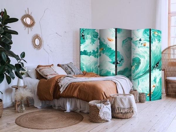 Paravento - Koi Fish Among Waves - Japanese Fish Amid Waves in Shades of Turquoise And White