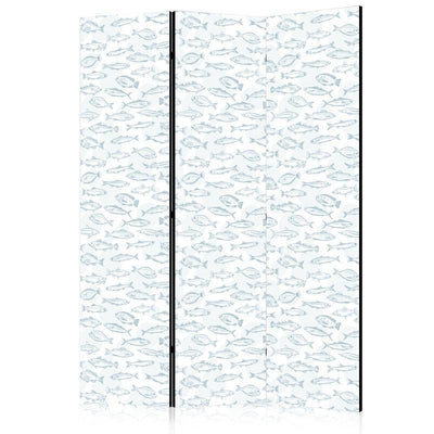 Paravento - Blue Fish - Blue Outlines of Various Species of Fish on a White-Blue Background
