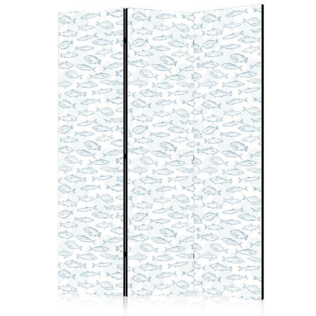 Paravento - Blue Fish - Blue Outlines of Various Species of Fish on a White-Blue Background