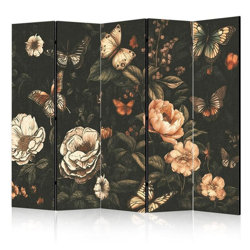 Paravento - Mysterious Garden - Butterflies Flying Over Flowers - Rustic Evening