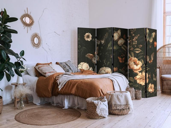 Paravento - Mysterious Garden - Butterflies Flying Over Flowers - Rustic Evening