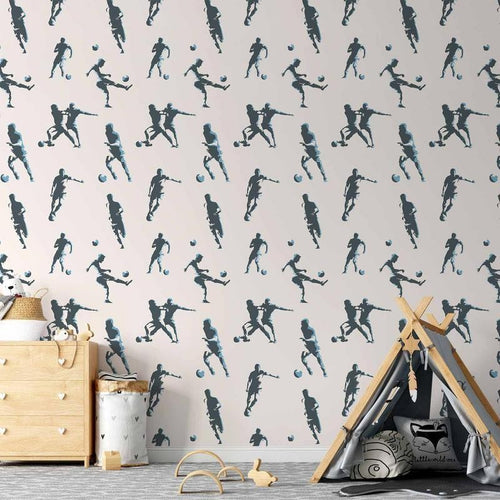 Tappezzeria murale - Traces and Balls - Black-and-white soccer motifs on a beige background