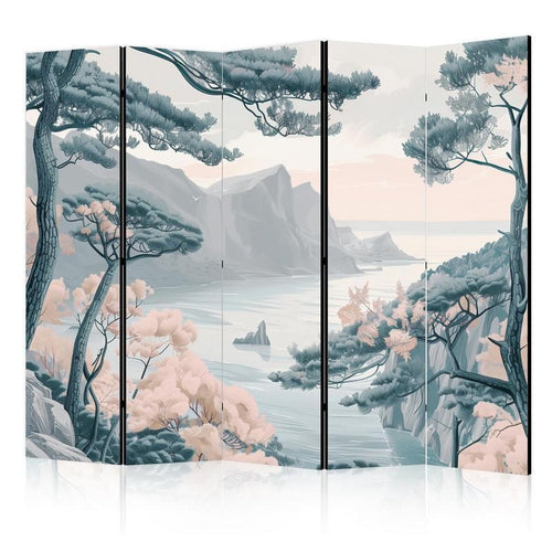Paravento - Mountainous Coast with Trees and Rocks - in Light Pastel Blues