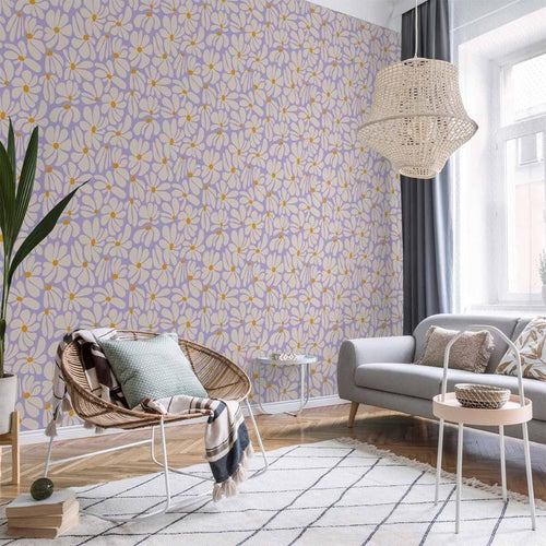 Tappezzeria murale - Cute Creamy Little Flowers - Small flowers with creamy - wind-blown petals on a blue background