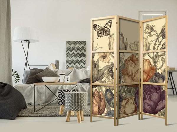 Paravento giapponese - Tulips in Cream - Illustration of Flowers and Butterflies on a Light Background