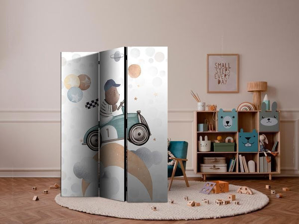 Paravento - Galactic Races - Bear Participating in Car Races Among Planets - Clouds - and Stars in Pastel Hues