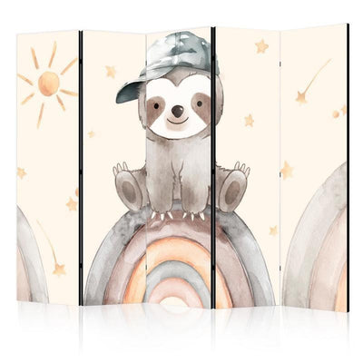 Paravento - Happy Sloth - Sloth in Muted Colors - Wearing a Cap - Sitting on a Rainbow Among the Stars