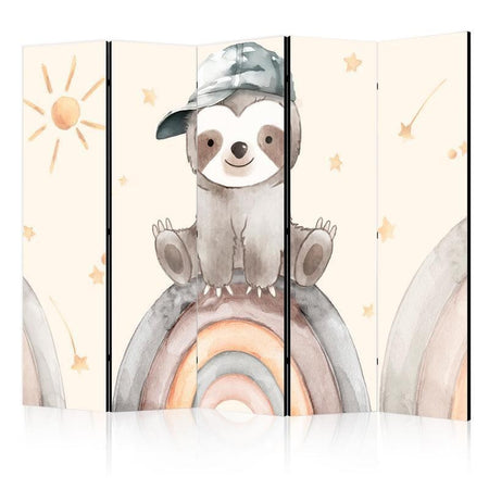 Paravento - Happy Sloth - Sloth in Muted Colors - Wearing a Cap - Sitting on a Rainbow Among the Stars