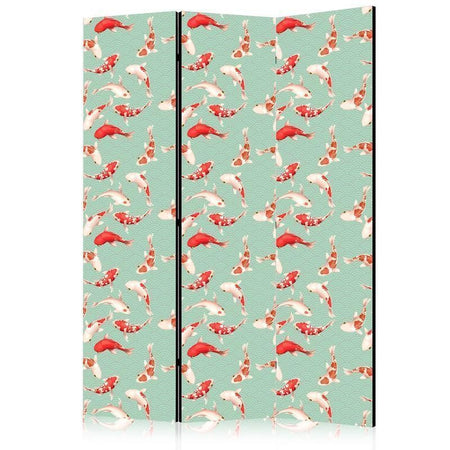 Paravento - Fish and Japanese Pattern - Koi Fish in Orange-Cream Colors on a Green-Mint Background with an Oriental Patt