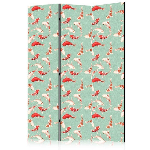 Paravento - Fish and Japanese Pattern - Koi Fish in Orange-Cream Colors on a Green-Mint Background with an Oriental Patt