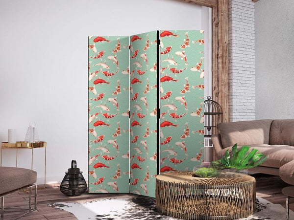 Paravento - Fish and Japanese Pattern - Koi Fish in Orange-Cream Colors on a Green-Mint Background with an Oriental Patt