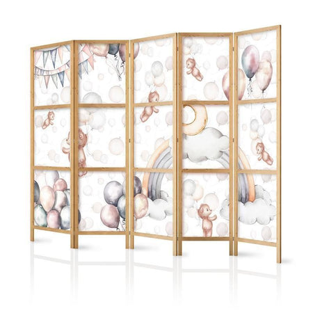 Paravento giapponese - Plush Bears with Balloons - Flying light-brown bears among balloons - clouds - and rainbows in su
