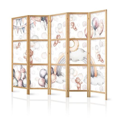 Paravento giapponese - Plush Bears with Balloons - Flying light-brown bears among balloons - clouds - and rainbows in su