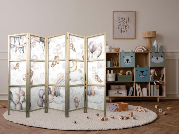 Paravento giapponese - Plush Bears with Balloons - Flying light-brown bears among balloons - clouds - and rainbows in su