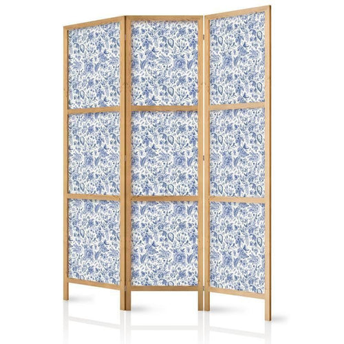 Paravento giapponese - Illustration in Vintage Style - Blue Flowers on a White Background
