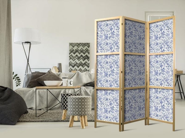 Paravento giapponese - Illustration in Vintage Style - Blue Flowers on a White Background