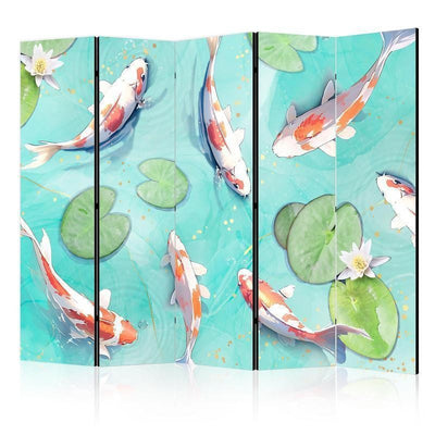 Paravento - Spectacular Koi Fish - White-Orange Koi Fish Swimming in Crystal Clear Water With Water Lilies