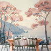 Carta da parati - Landscape with the Ocean Cliffs and Trees in Delicate Pink Shades