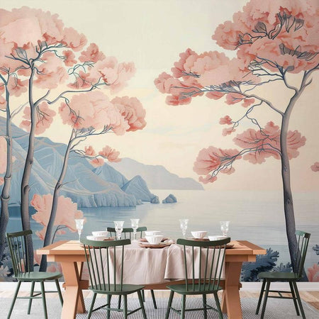 Carta da parati - Landscape with the Ocean Cliffs and Trees in Delicate Pink Shades