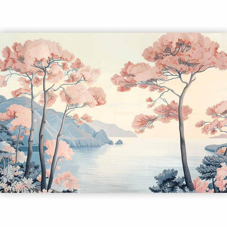 Carta da parati - Landscape with the Ocean Cliffs and Trees in Delicate Pink Shades