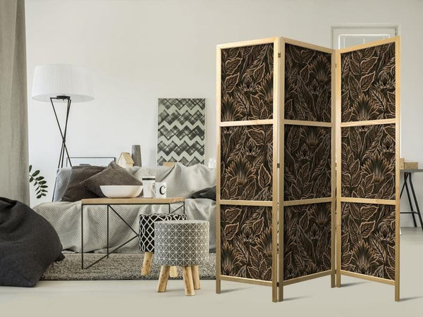 Paravento giapponese - Dense Vegetation - Botanical Patterns in Illustrative Style Brown