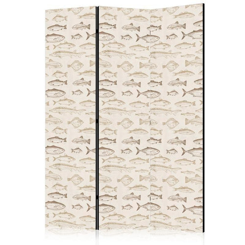Paravento - Fish in Beige Tones - Various Species of Fish in Beige-Brown Colors Presented in Vintage Style on a Light Ba