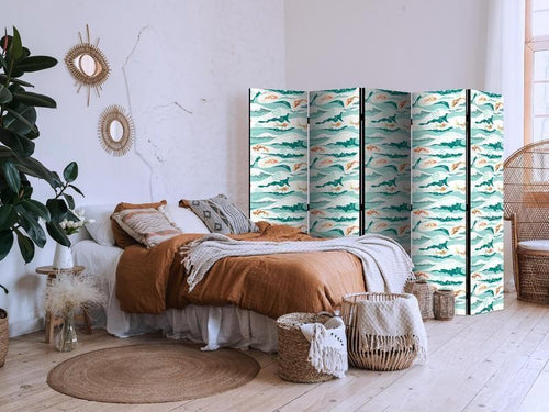 Paravento - Fish Jumping Above The Waves - Oriental Fish And Water Lilies Among High Waves in Shades of Sea Green