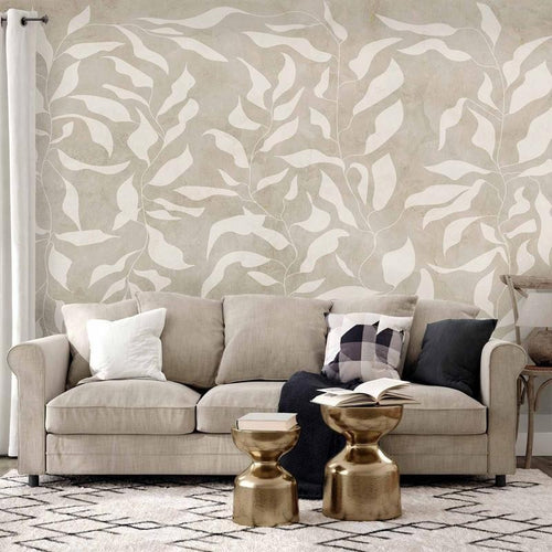 Carta da parati - White leaves - abstract plant motif on beige background with frame