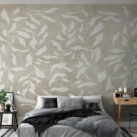 Carta da parati - White leaves - abstract plant motif on beige background with frame