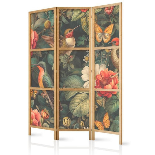 Paravento giapponese - In the Botanical Garden - Flowers Birds and Butterflies - Colorful Illustration