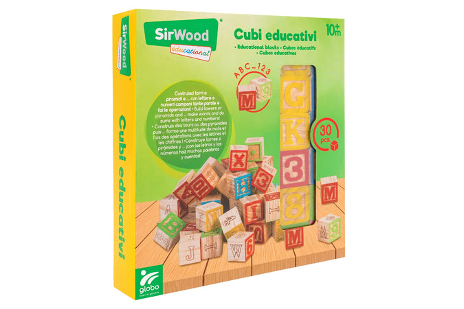 Cubi legno lettere numeri simboli 30pz 3x3