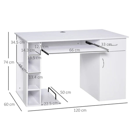 Scrivania per PC Ergonomica con Mensole, Armadietto, Cassetto e Piano Tastiera Estraibile, Bianca, 120x60x74cm ZQ1920-012V01WTZQ1