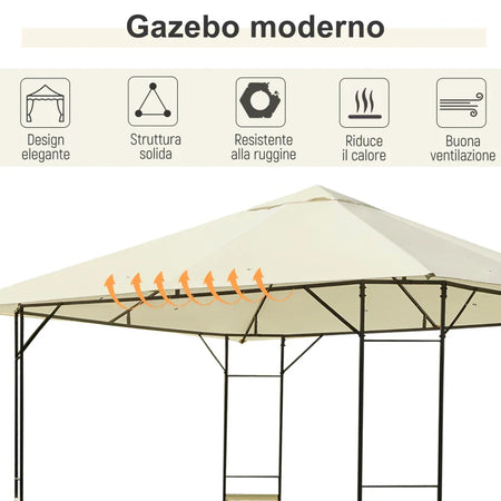 Gazebo da Giardino 3x3m in Metallo Nero con Tettuccio Crema 01-0867