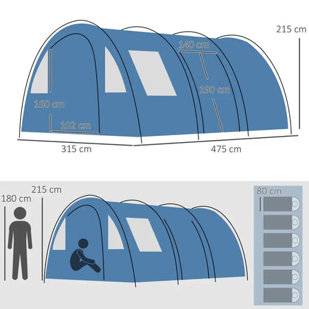Tenda da Campeggio per 5-6 Persone con 2 Porte, Finestre e Tasche Portaoggetti, 475x315x215 cm, Blu WY4A20-304V00BUWY4