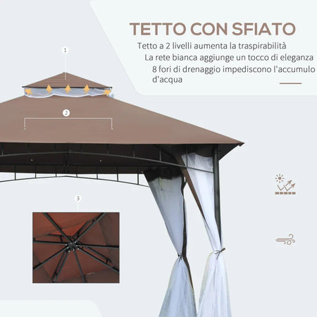 Gazebo da Giardino 3x3m con Zanzariera, Telaio in Acciaio e Doppio Tettuccio, Bianco 84C-010CF