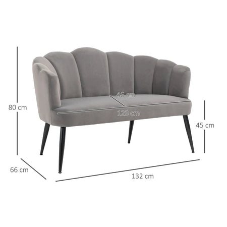 Divano 2 Posti in Velluto con Gambe in Metallo e Schienale a Conchiglia, 132x66x80cm, Grigio RF2839-483V00CGHG2