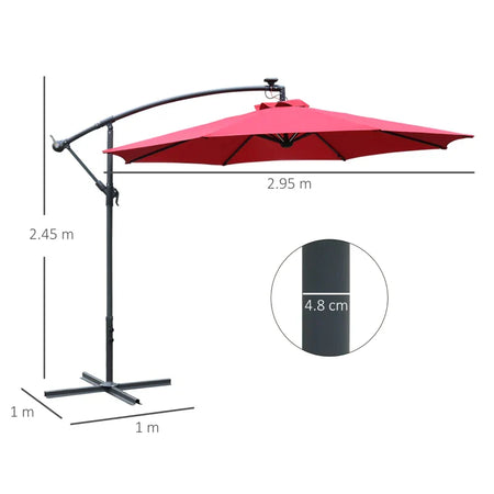 Ombrellone da Giardino a Braccio Ø3x2.4 m con Manovella e 8 Strisce LED a Energia Solare, Rosso scuro 84D-066WR