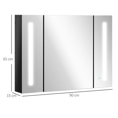 Armadietto con Specchio da Bagno a Parete in MDF con 3 Armadietti, 3 Ripiani e Luce LED, 90x15x65 cm, Nero WD6834-416BKWD6