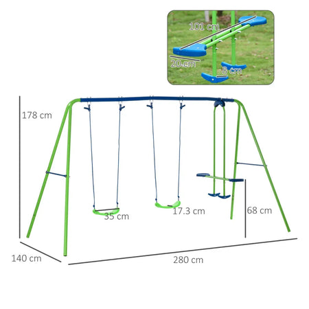 Set Altalene da Giardino per 4 Bambini, 1 Altalena Doppia e 2 Altalene Singole, Capacità di peso 45kg (Altalena) 180kg (Totale), 280x140x178cm YH5344-035YH5