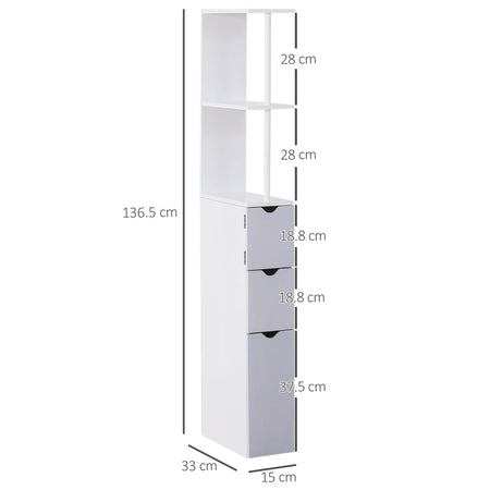 Mobiletto a Colonna Salvaspazio in Legno, Armadietto da Bagno con Ripiani e Armadietti, Bianco, 15x33x136.5cm RF7834-114RF7