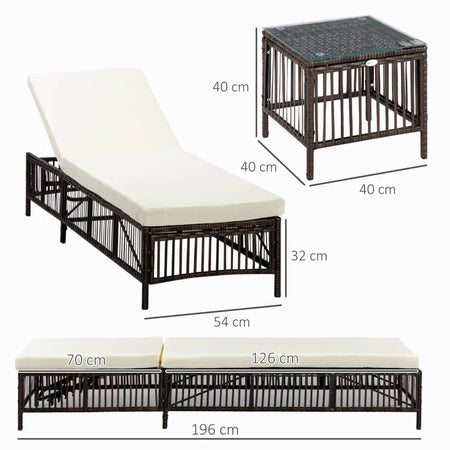 Set 2 Lettini Prendisole con Cuscini Imbottiti e Tavolino in Rattan PE, Marrone e Beige 862-068V00MB