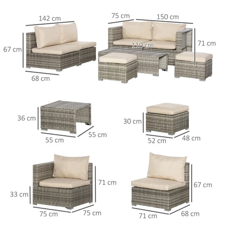 Salotto da Giardino in Rattan PE da 8 Pezzi con Poltrone, Tavolini e Sgabelli, Beige 860-099BG
