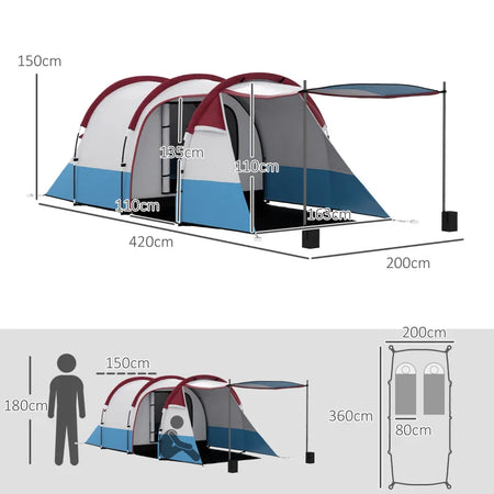 Tenda da Campeggio Impermeabile con 2 Aree e 3 Ingressi, in Poliestere e Fibra di Vetro, 420x200x150 cm, Rosso ES2A20-425V00RDES2