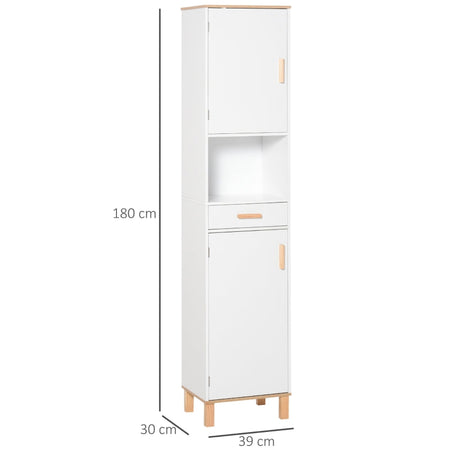 Mobile Salvaspazio Bagno in Legno Bianco, Mobile a Colonna con Armadietti e Cassetto 39x30x180cm QA2834-312QA2