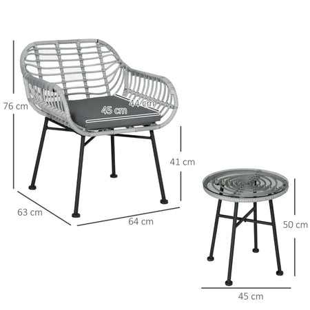 Set Mobili da Giardino in Rattan PE con 2 Sedie e Tavolino con Ripiano in Vetro, Grigio 863-085