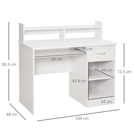Scrivania per Computer Compatta, Scrivania PC Fisso in Legno Bianco con Ripiano Tastiera Estraibile e Mensole 104x48x95.5cm XN5836-262WTXN5