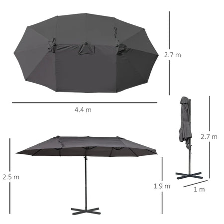 Ombrellone Doppio da Giardino in Metallo e Poliestere Anti-UV Impermeabile, 440x270x250cm, Grigio 84D-085GY