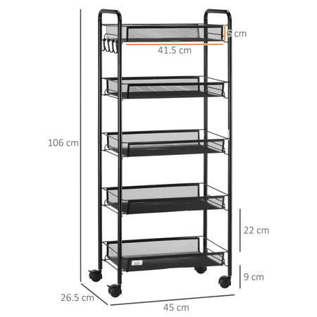 Carrello da Cucina Salvaspazio a 5 Livelli con Cestini a Rete in Acciaio, 45x26.5x106cm, Nero TW9850-164TW9